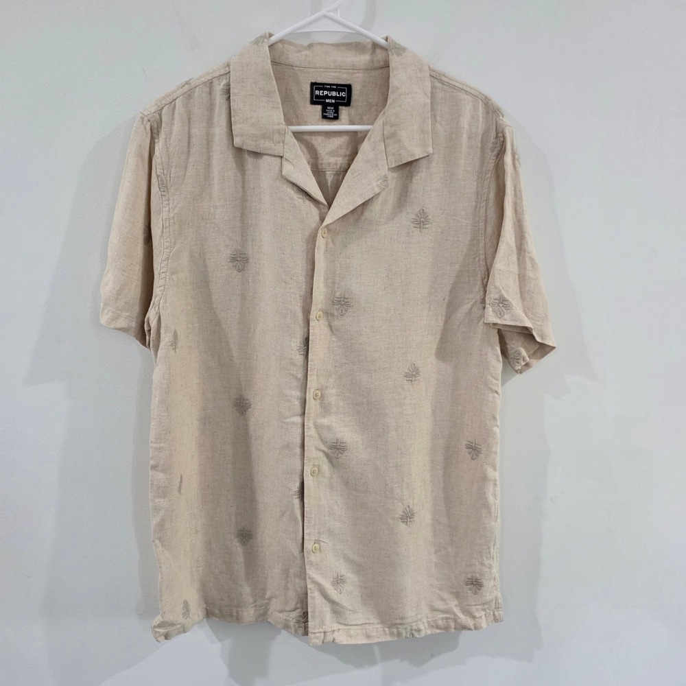 Mens Linen Embroidered Button Down Shirt Size Medium Beige Hawaiian Beach